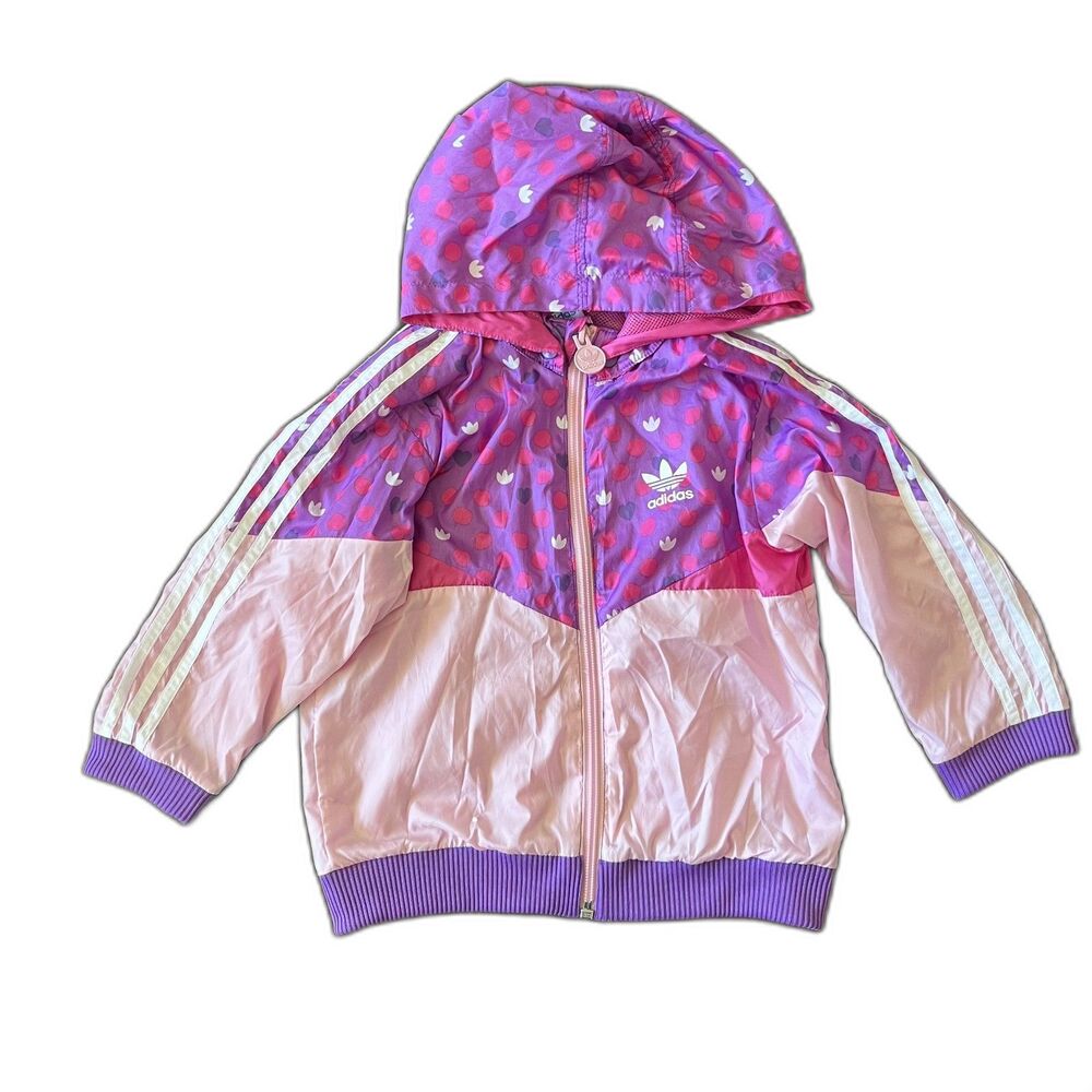 Adidas Originals Girls 24M Pink Purple Hooded Windbreaker Trefoil Jacket